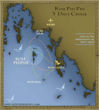 Map of 3 days sailing itinerary to Koh Phi Phi