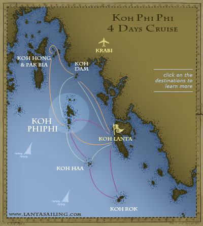 Map of 4 days sailing itinerary to Koh Phi Phi