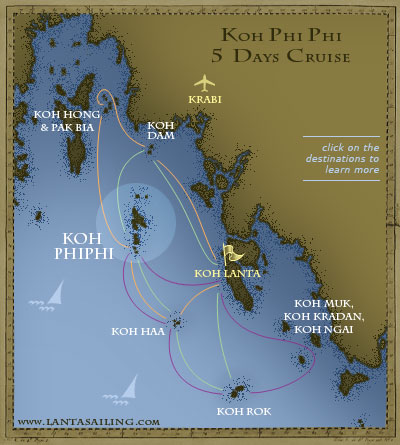 Map of 5 days sailing itinerary to Koh Phi Phi